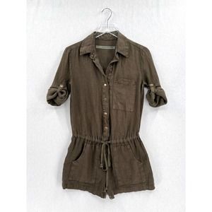 ENZA COSTA Military Romper Womens XS Small Long Sleeve French Linen Roll Tab NEW
